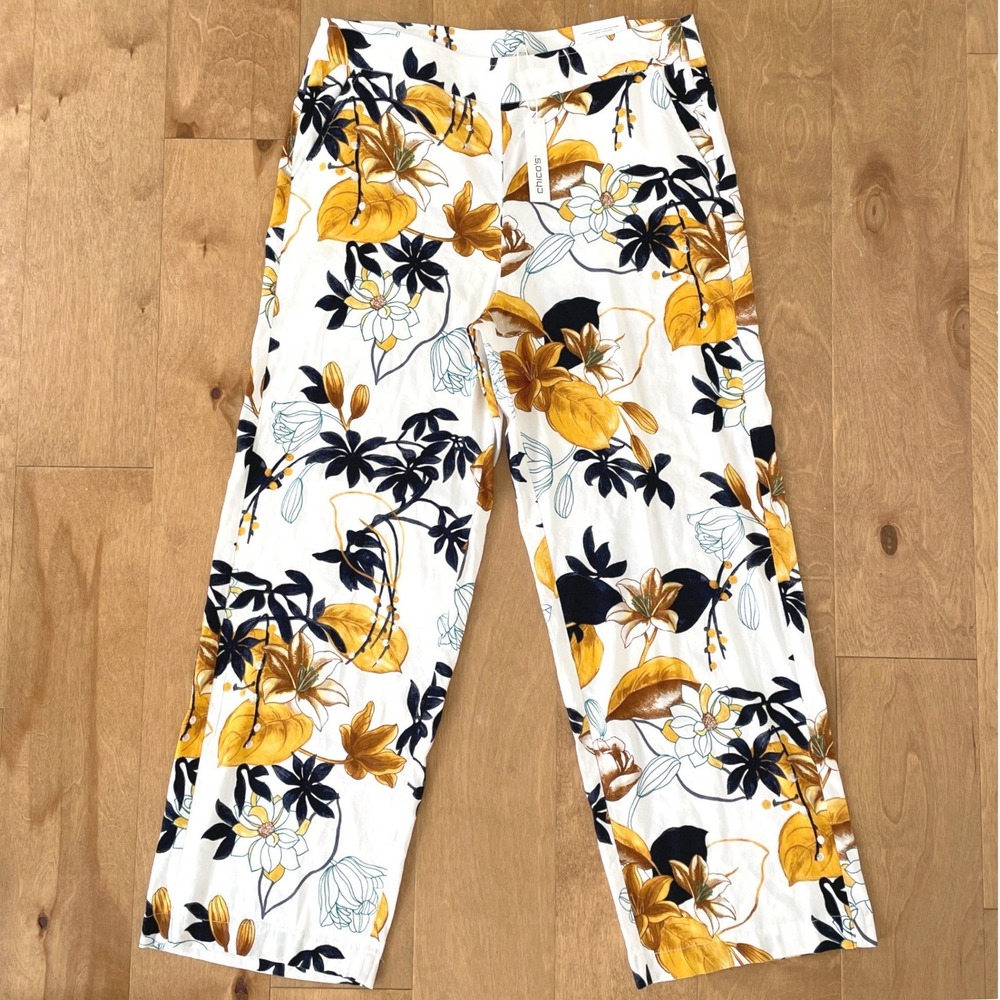 Chico's Tropic Garden Floral Stretch Linen Wide Leg Pull On Pants Size 3R 16R - Picture 2 of 16